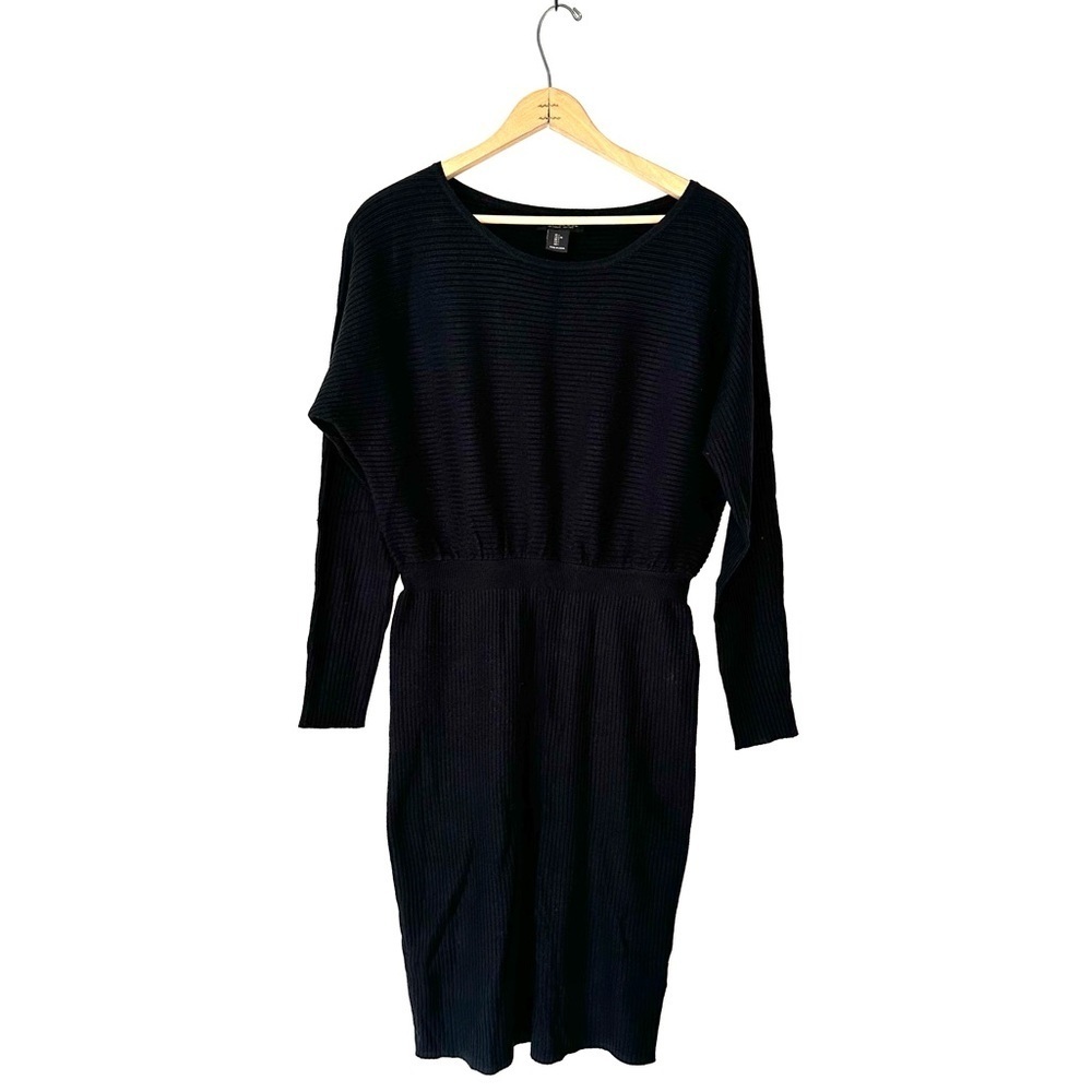 Rachel Zoe | Black Ribbed Dolman Sleeve Sweater Dress Size Large